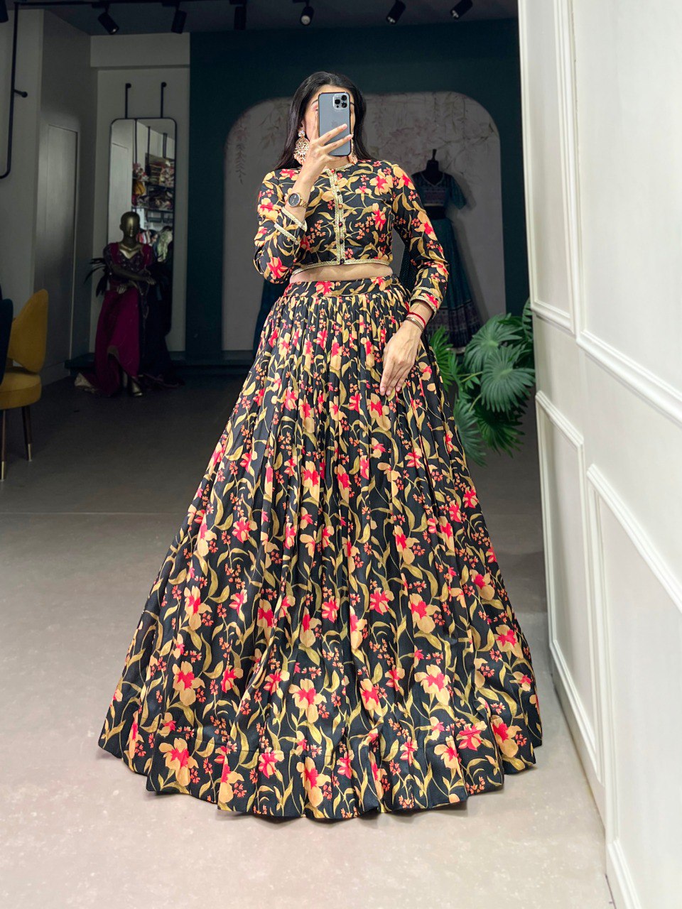 Spellbinding Tussar Silk Floral Lehenga With Stitched Blouse - INDIAN ELEGANCE