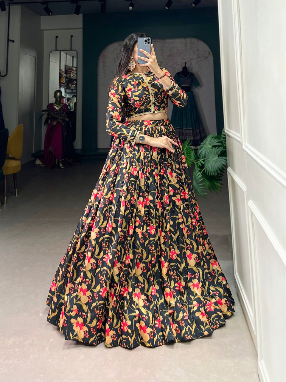 Spellbinding Tussar Silk Floral Lehenga With Stitched Blouse - INDIAN ELEGANCE