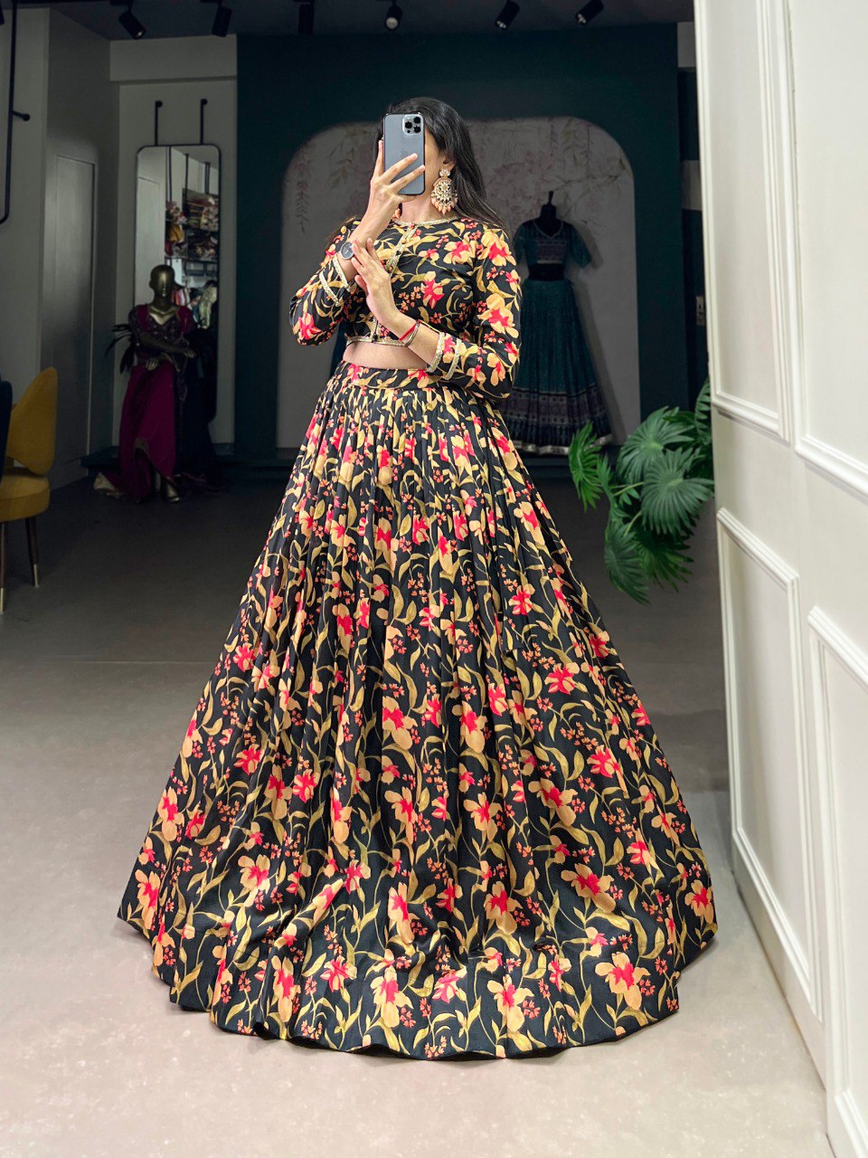 Spellbinding Tussar Silk Floral Lehenga With Stitched Blouse - INDIAN ELEGANCE