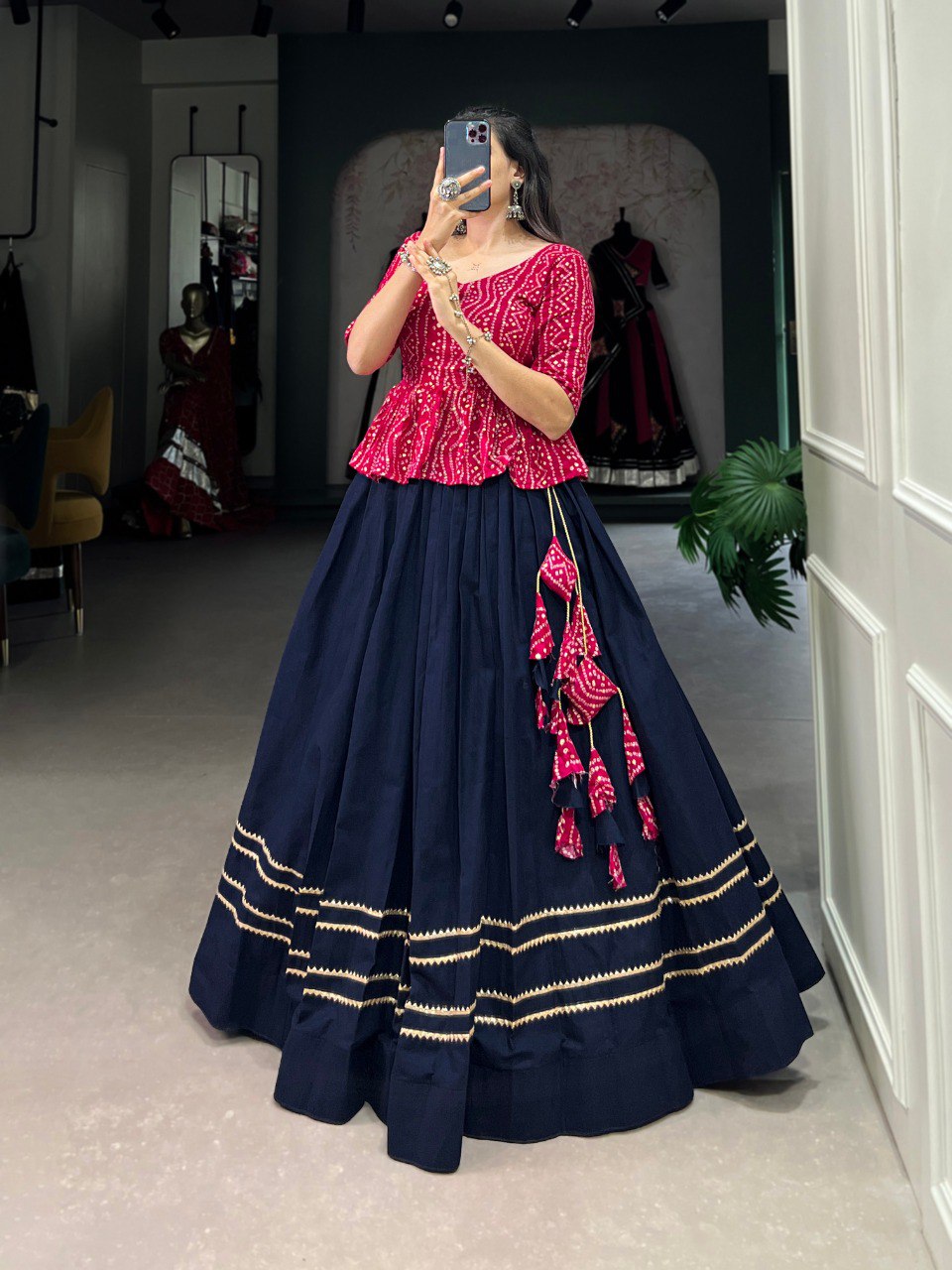 Stylish Navy Blue Pure Cotton Gota Patti Worked Lehenga Blouse Set - INDIAN ELEGANCE