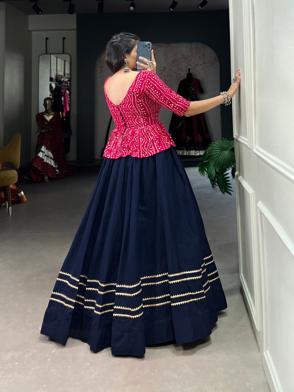 Stylish Navy Blue Pure Cotton Gota Patti Worked Lehenga Blouse Set - INDIAN ELEGANCE