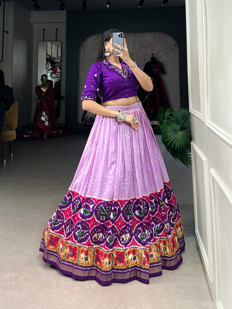 Exquisite Lavender Bandhej Patola Printed Lehenga Choli Set - INDIAN ELEGANCE
