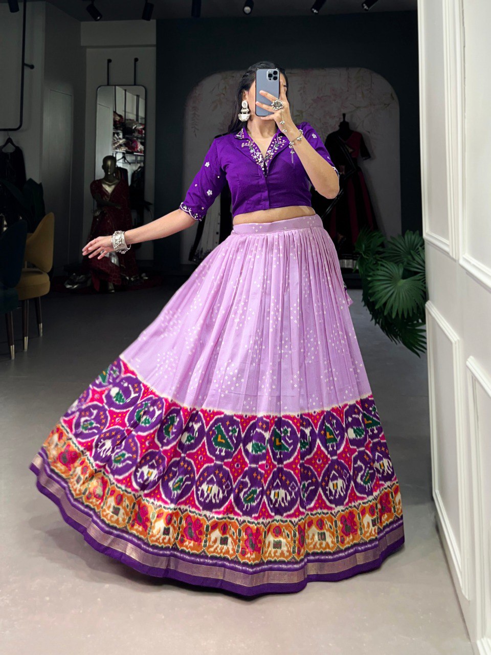 Exquisite Lavender Bandhej Patola Printed Lehenga Choli Set - INDIAN ELEGANCE