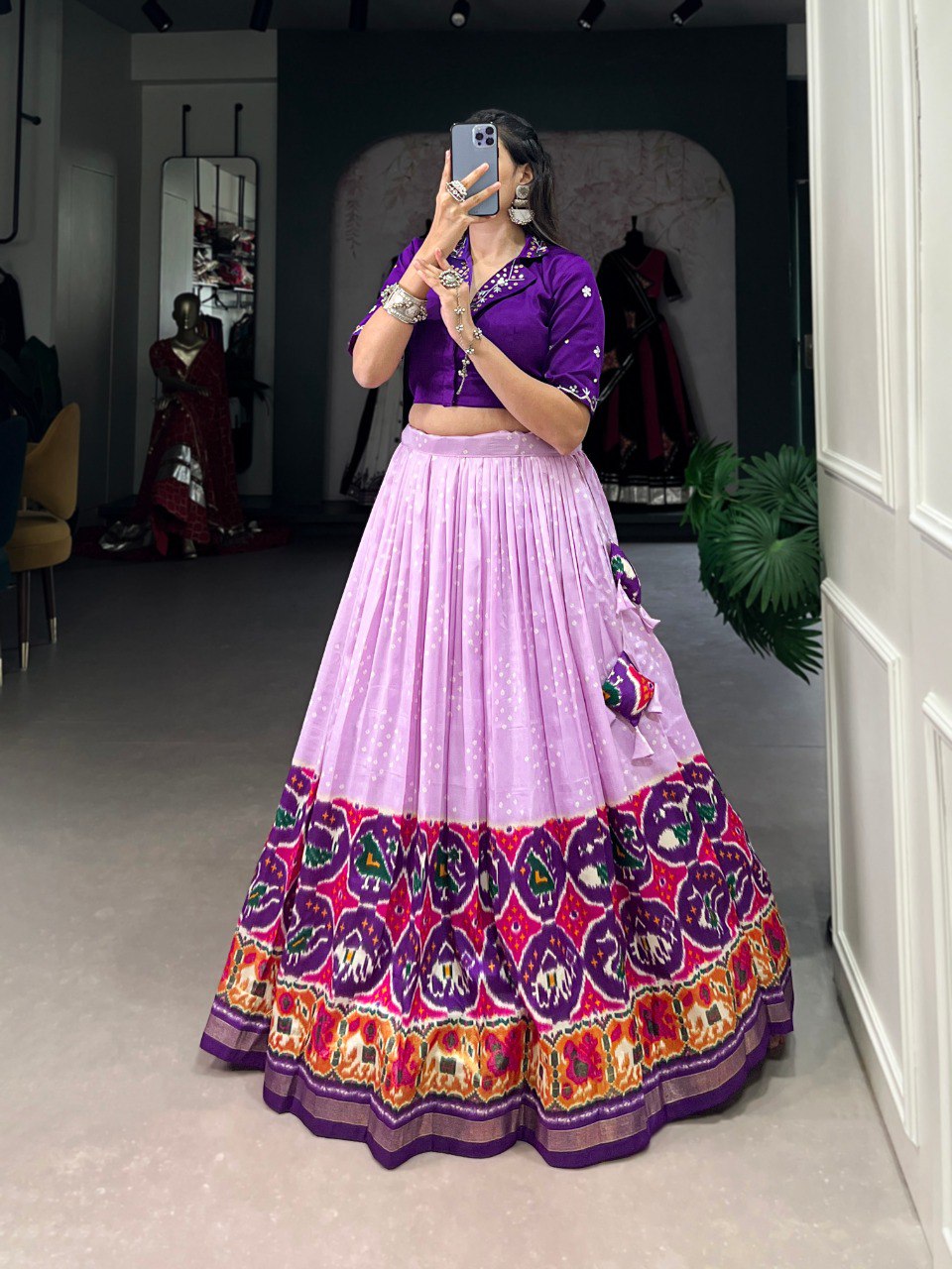 Exquisite Lavender Bandhej Patola Printed Lehenga Choli Set - INDIAN ELEGANCE