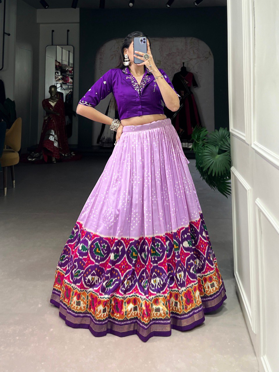 Exquisite Lavender Bandhej Patola Printed Lehenga Choli Set - INDIAN ELEGANCE