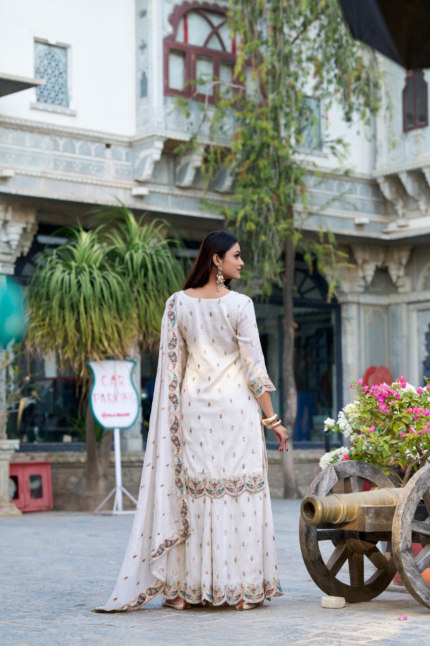 Spellbinding White Vichitra Silk Sequins Thread Worked Top Sharara Suit - INDIAN ELEGANCE