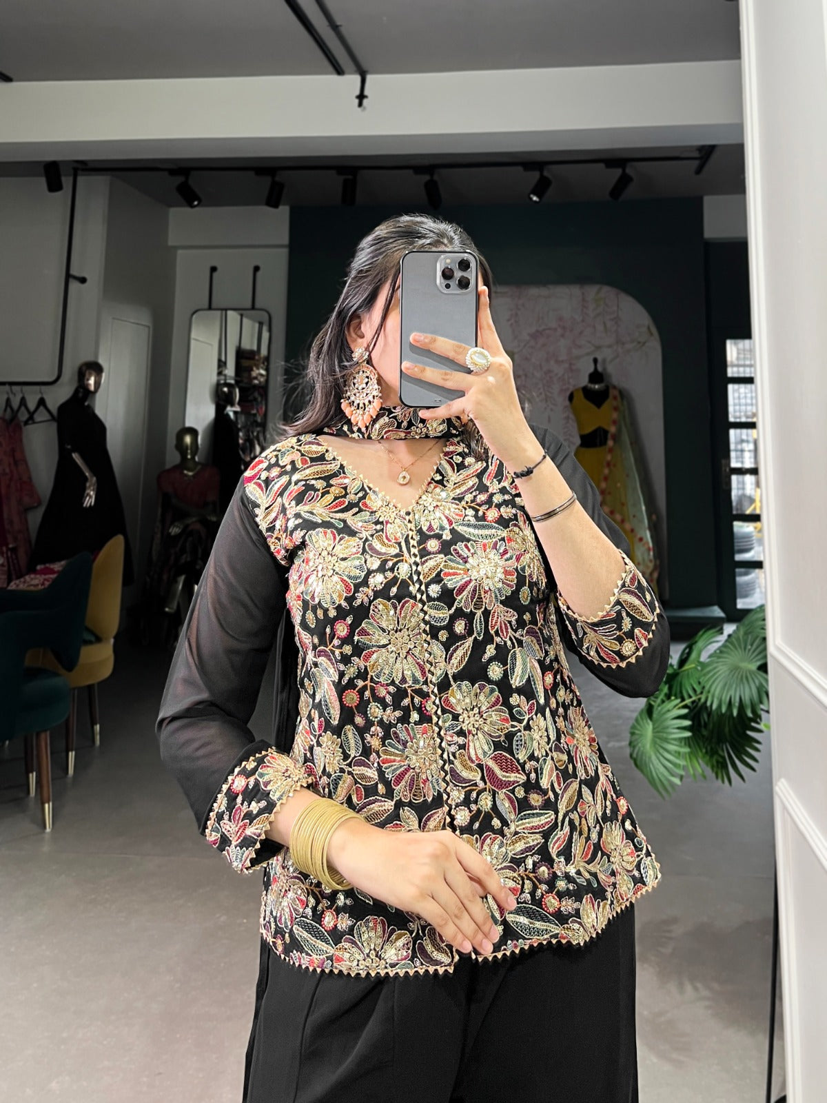 Breathtaking Black Georgette Sequins Thread Worked Top Palazzo Suit