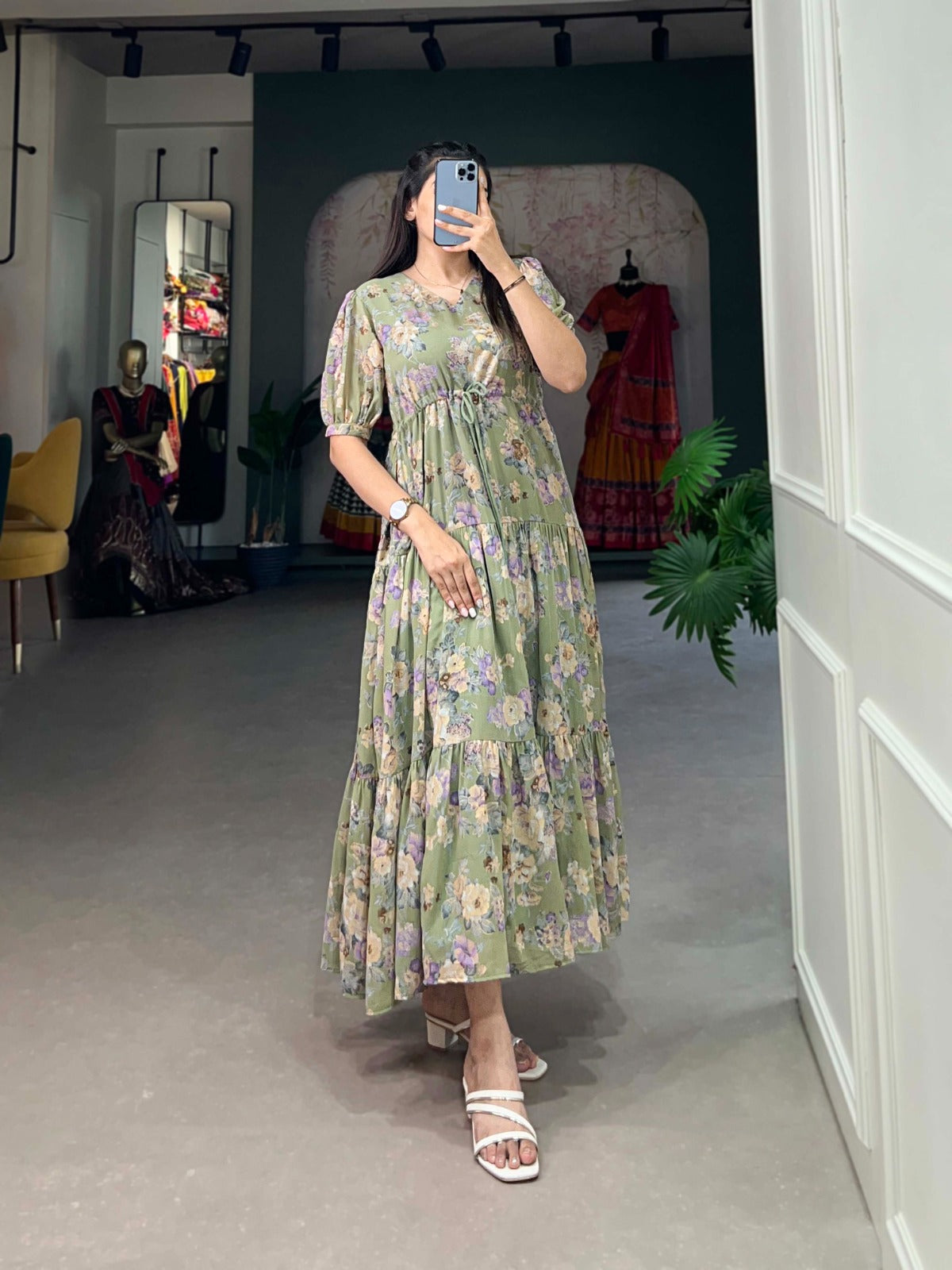 Graceful Green Floral Printed Stitched Kurti - INDIAN ELEGANCE