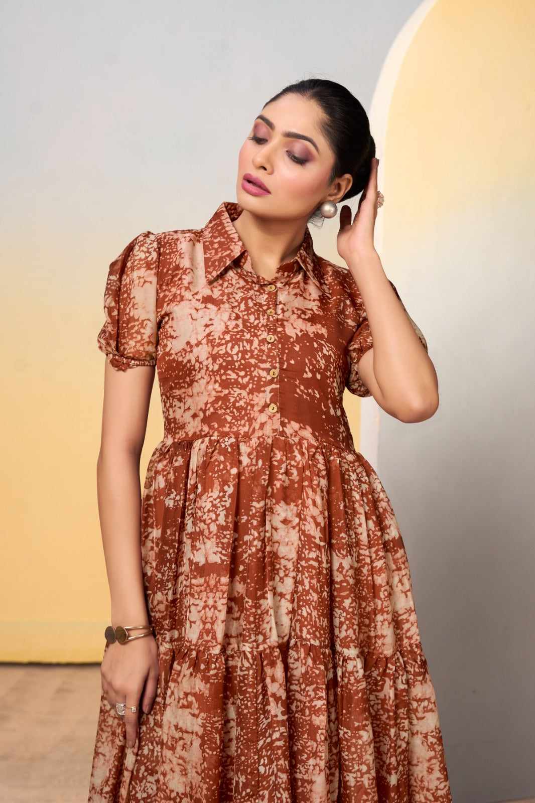 Breathtaking Brown Tabby Silk Printed Stitched Kurti - INDIAN ELEGANCE