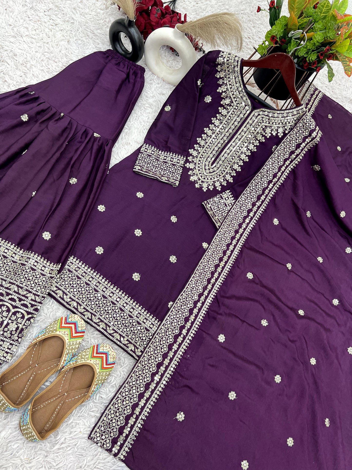 Magnificent Chinon Silk Sequins Embroidered Top Sharara Suit