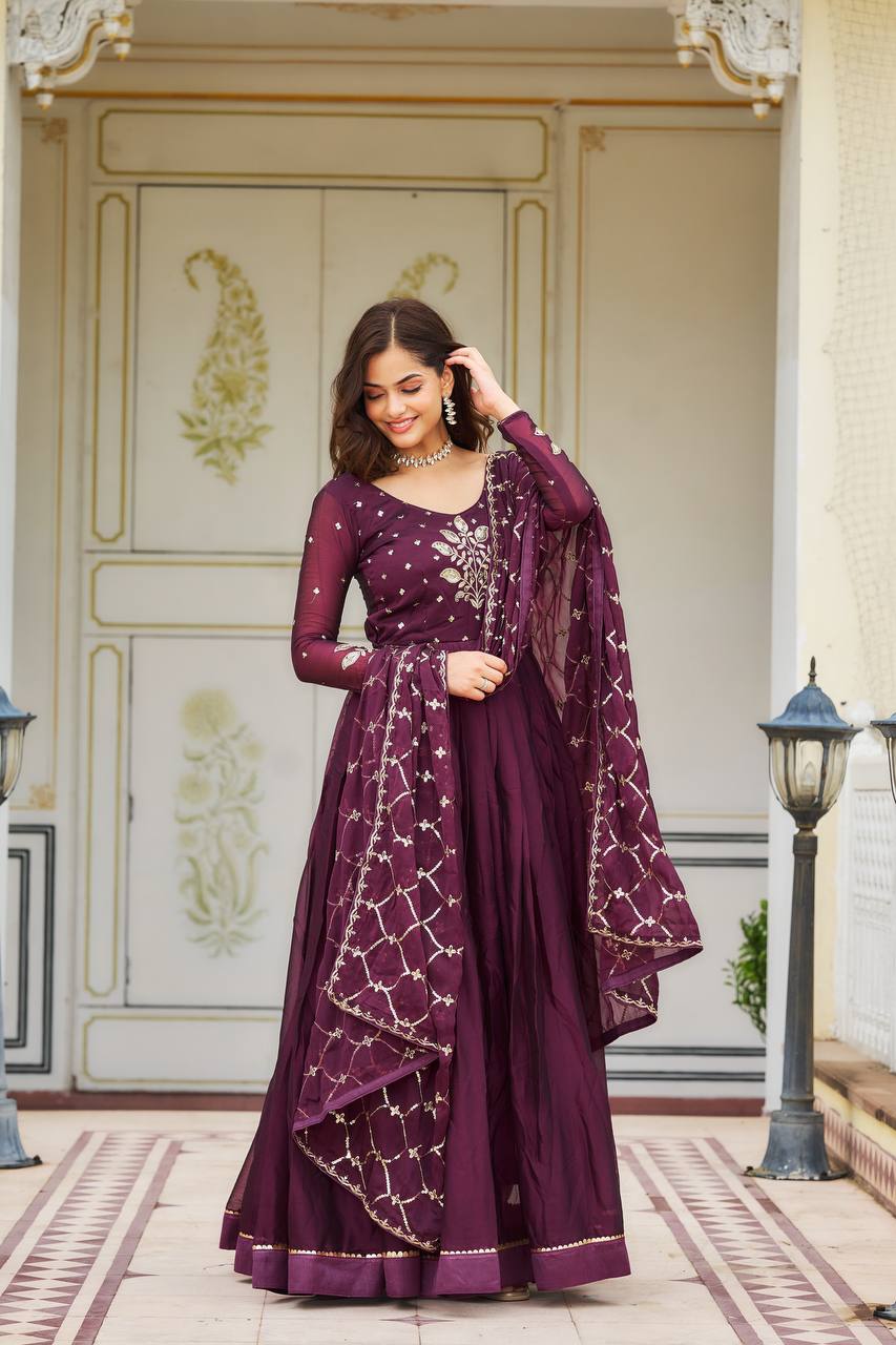 Elegant Pure Rangoli Gown Heavy Sequin Embroidery With Matching Dupatta