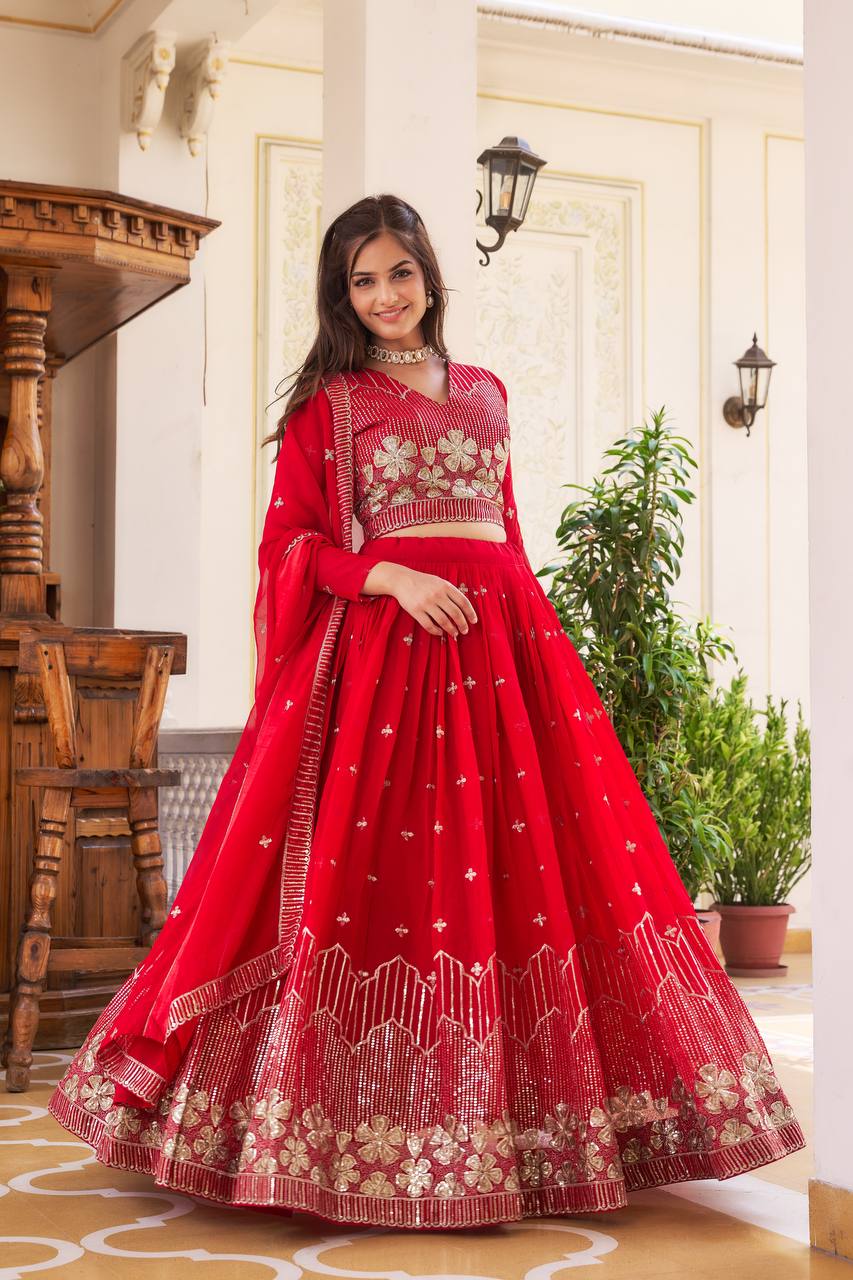 Elegant Faux Georgette Embroidered Lehenga Choli With Matching Dupatta