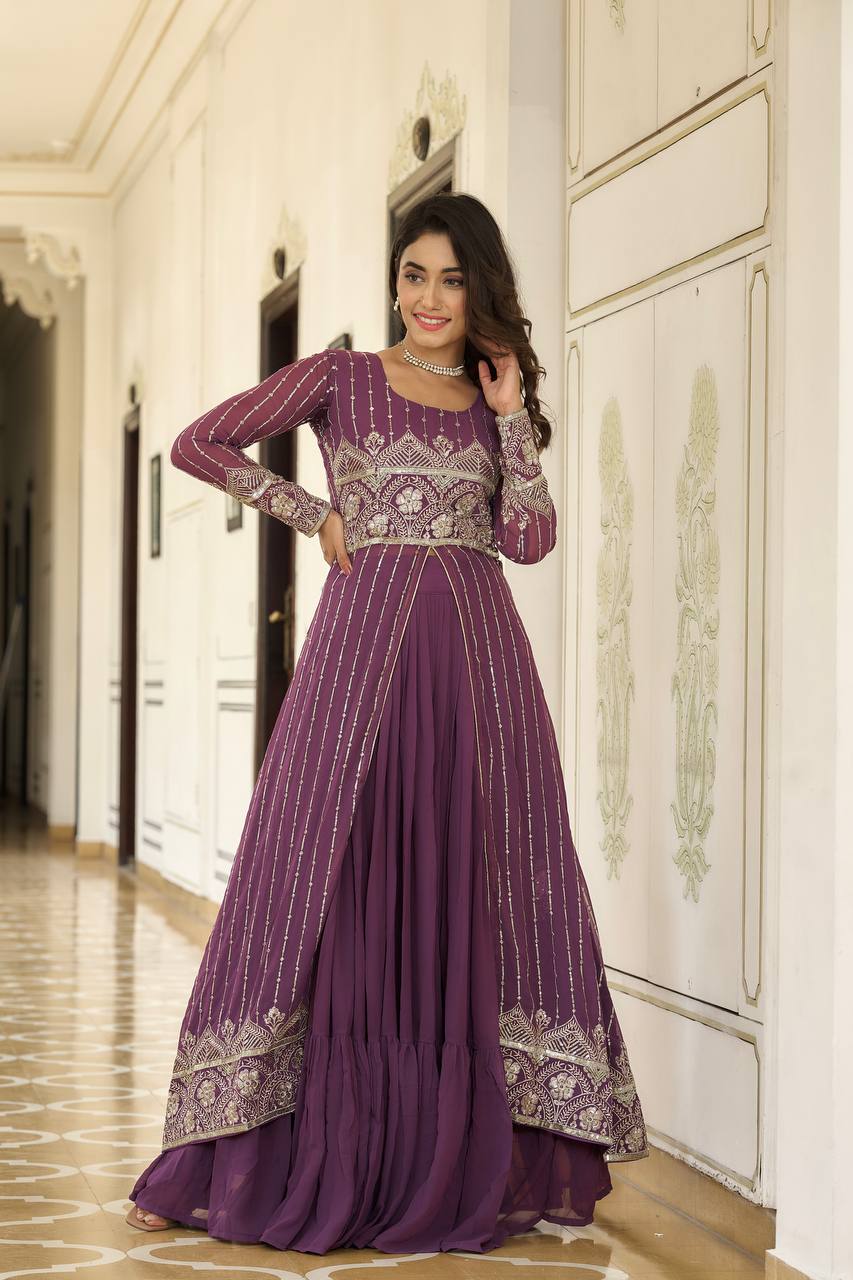 Designer Faux Georgette Lehenga Choli With Attached Embroidered Shrug