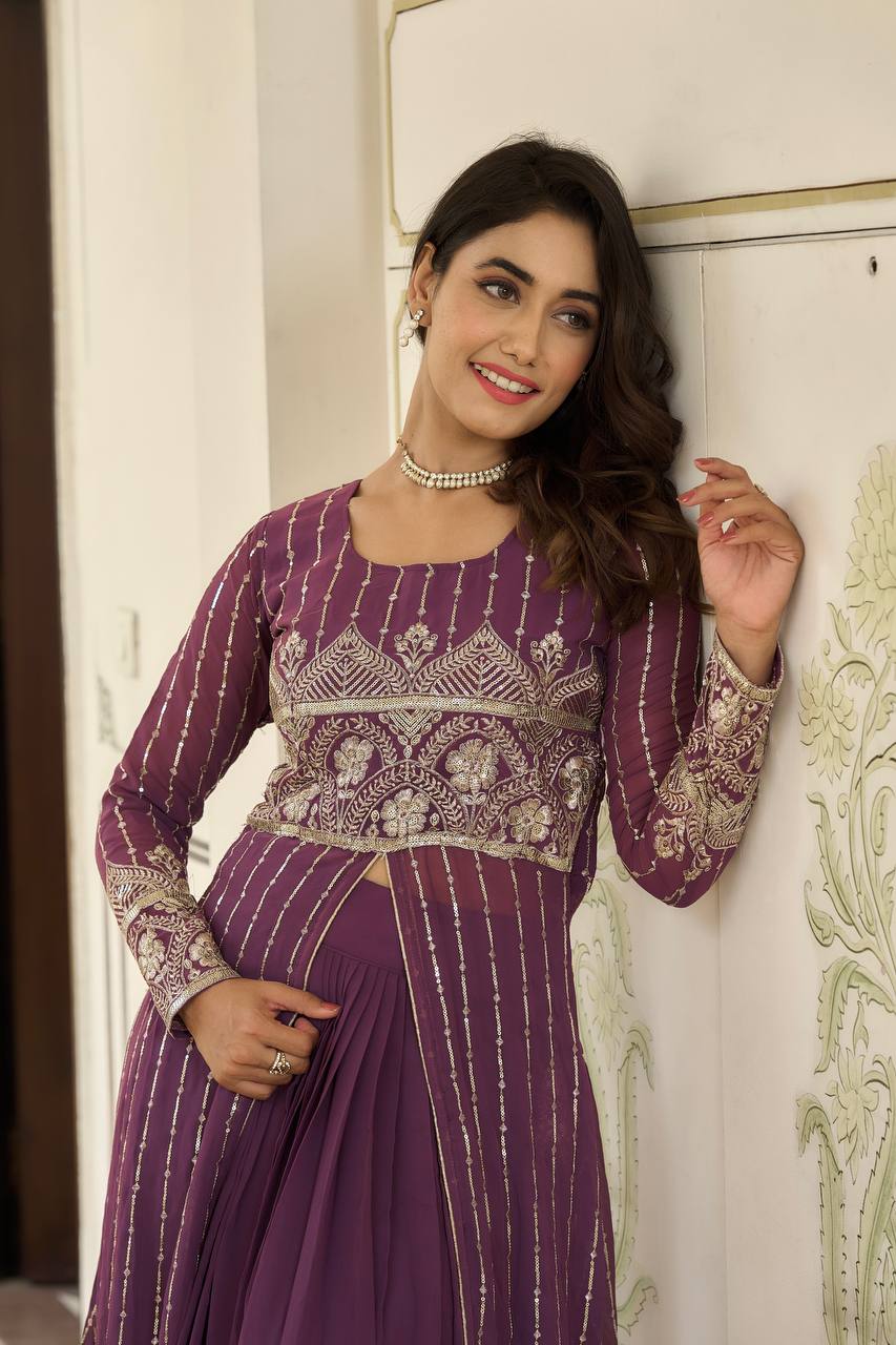 Designer Faux Georgette Lehenga Choli With Attached Embroidered Shrug
