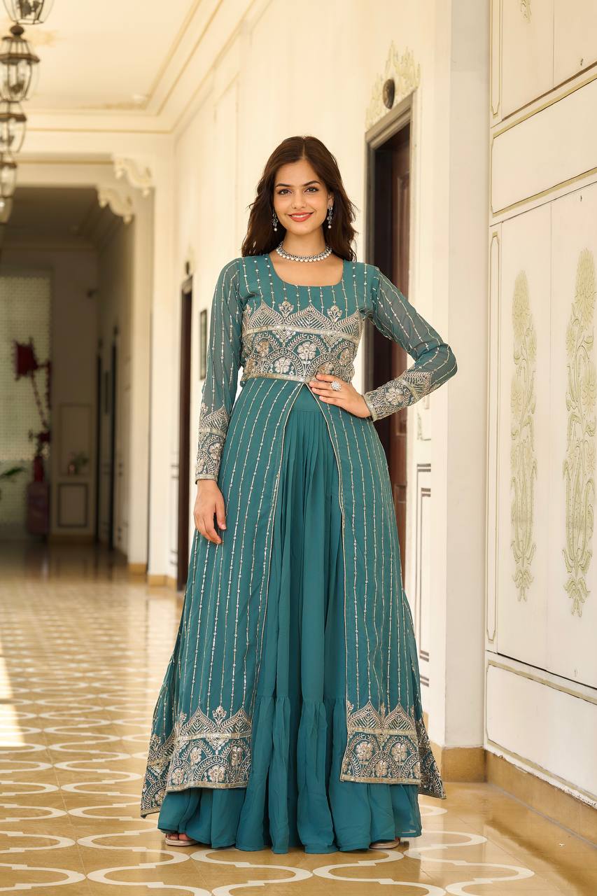 Designer Faux Georgette Lehenga Choli With Attached Embroidered Shrug