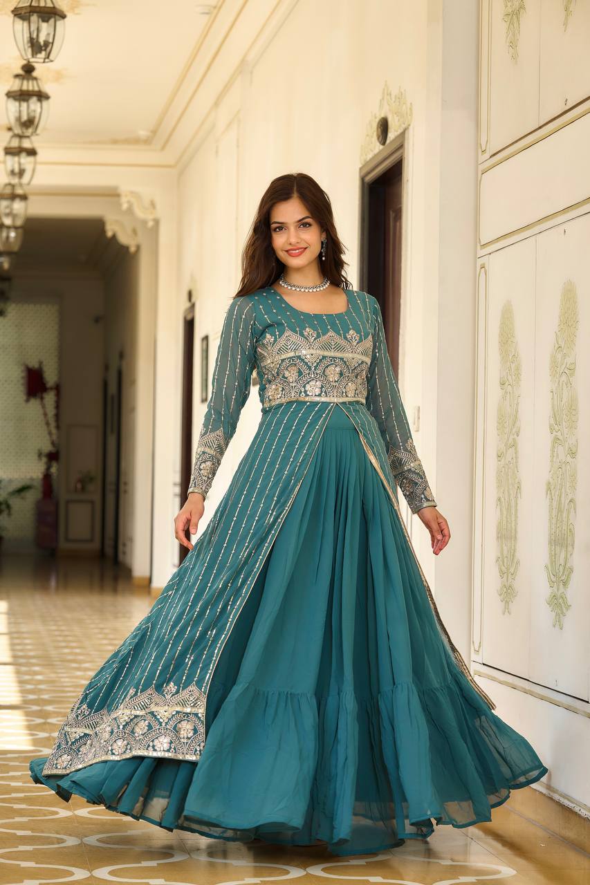 Designer Faux Georgette Lehenga Choli With Attached Embroidered Shrug