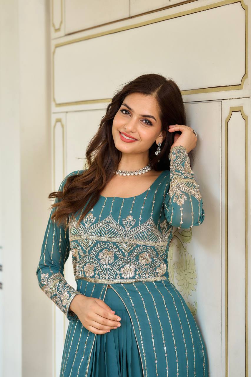 Designer Faux Georgette Lehenga Choli With Attached Embroidered Shrug