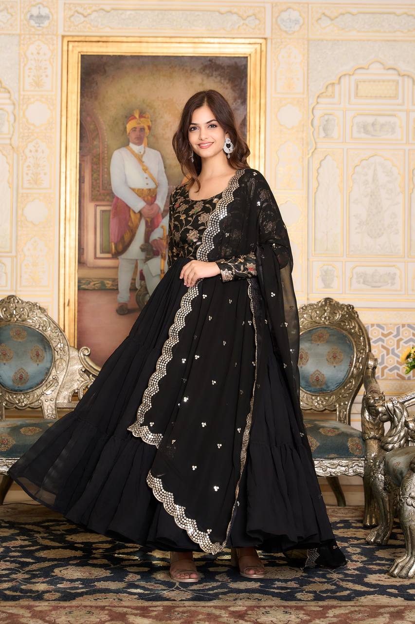 Elegant Faux Georgette Gown Pure Jacquard Work With Matching Dupatta