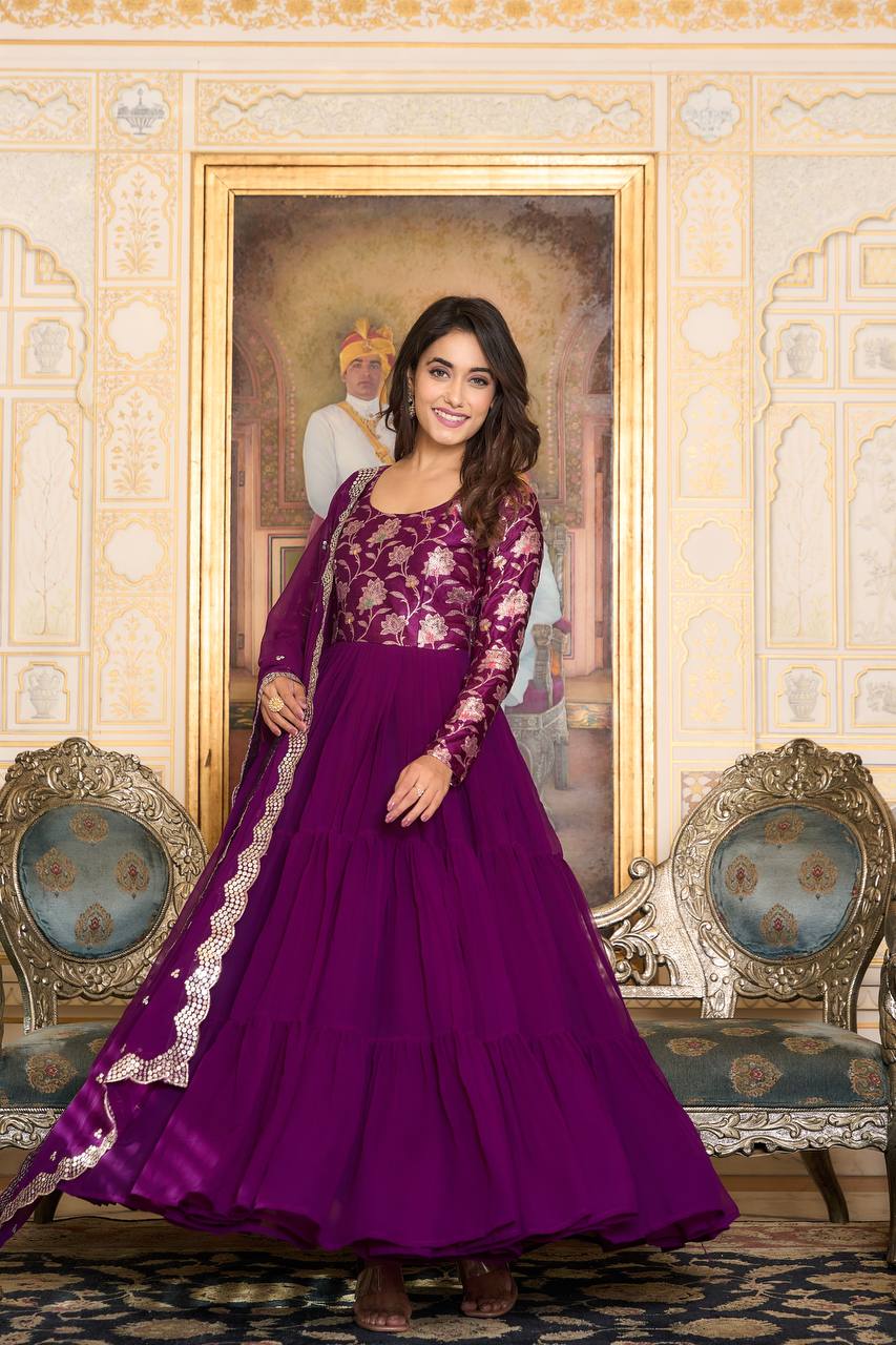 Elegant Faux Georgette Gown Pure Jacquard Work With Matching Dupatta
