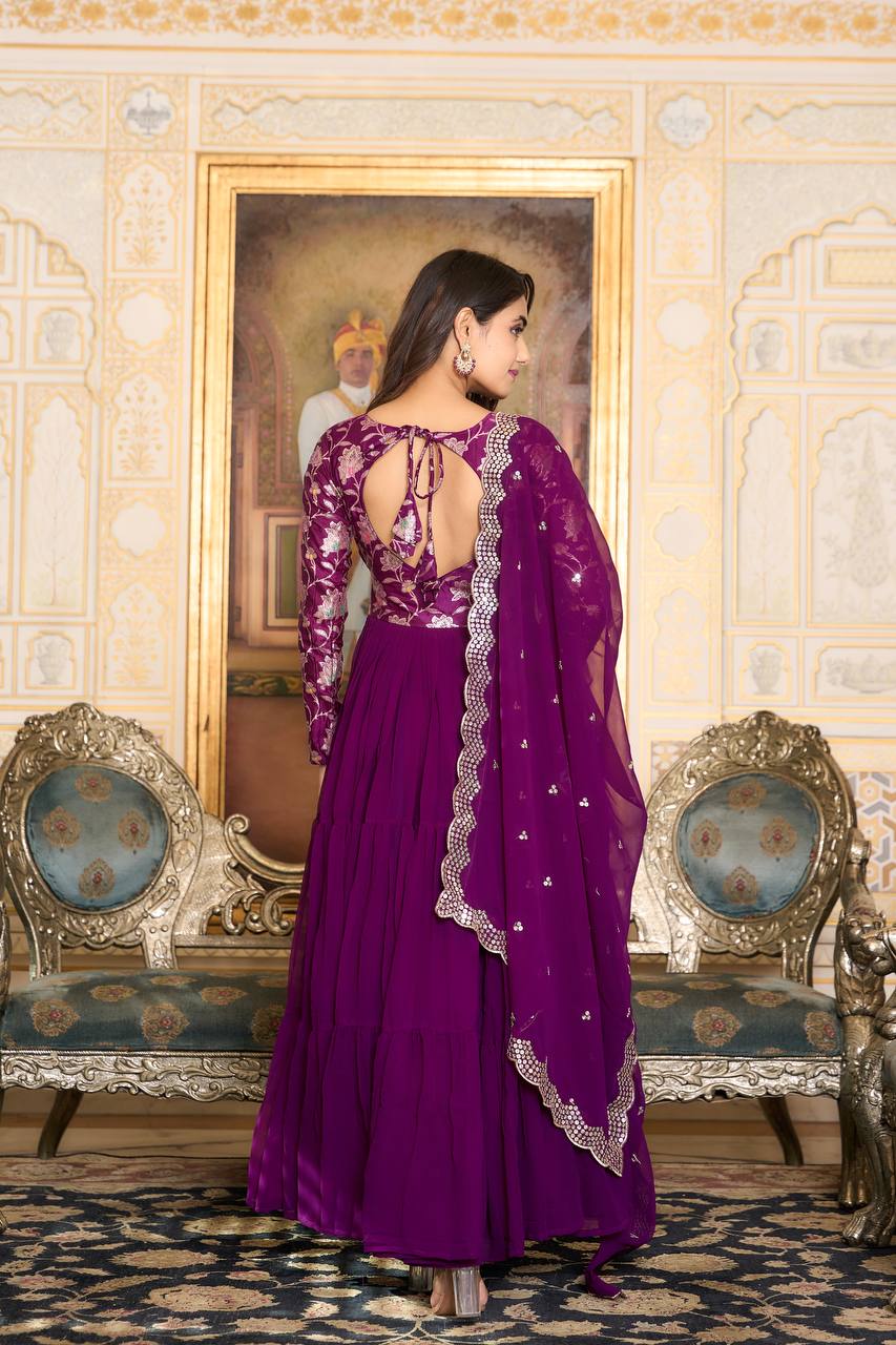 Elegant Faux Georgette Gown Pure Jacquard Work With Matching Dupatta