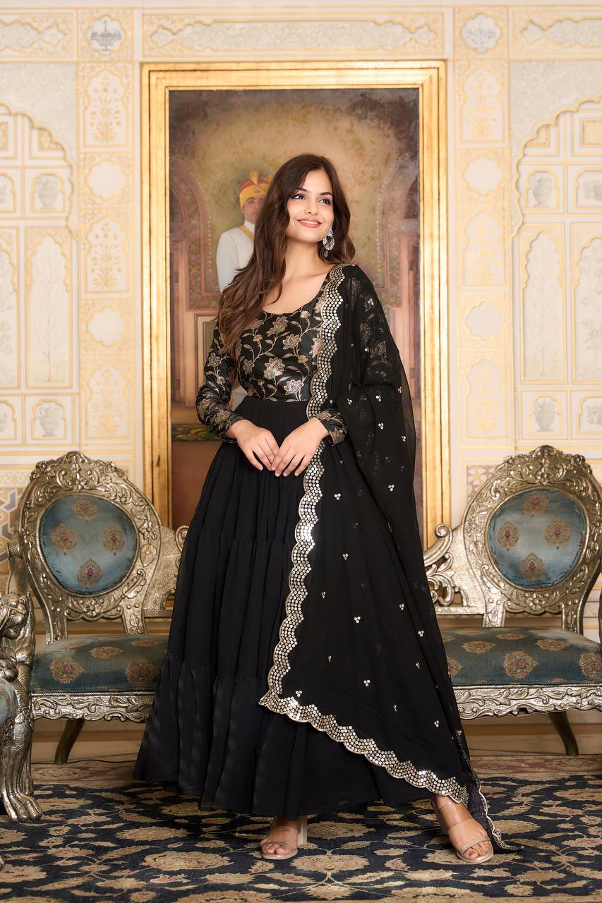 Elegant Faux Georgette Gown Pure Jacquard Work With Matching Dupatta