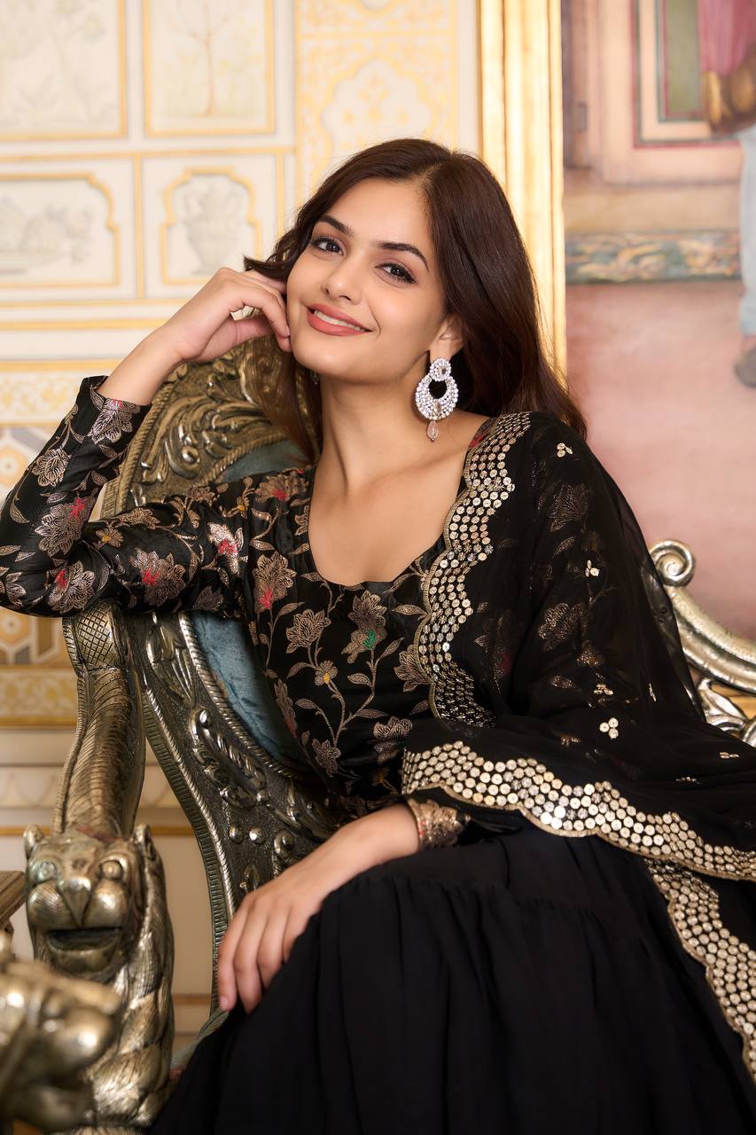 Elegant Faux Georgette Gown Pure Jacquard Work With Matching Dupatta