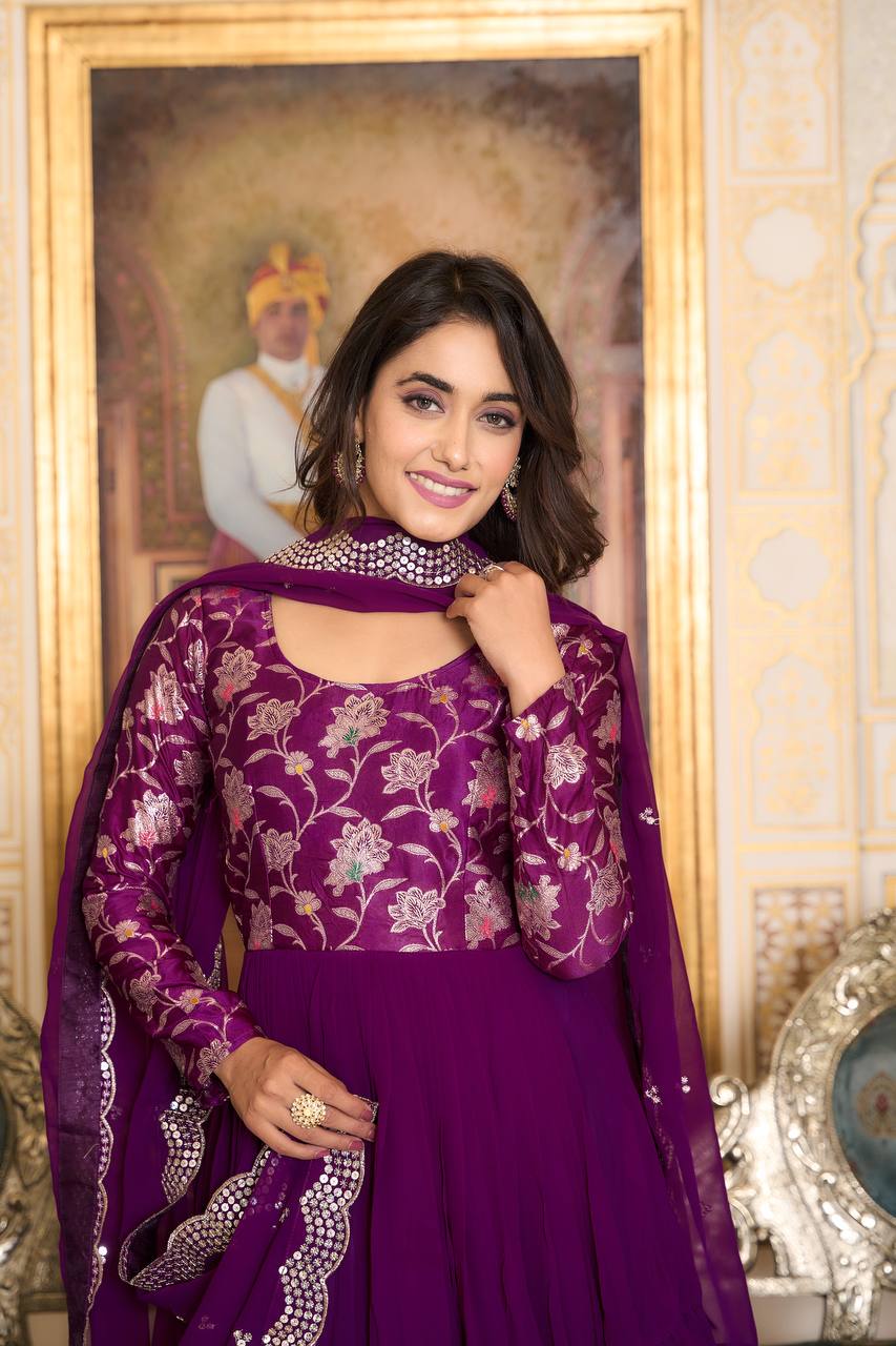 Elegant Faux Georgette Gown Pure Jacquard Work With Matching Dupatta