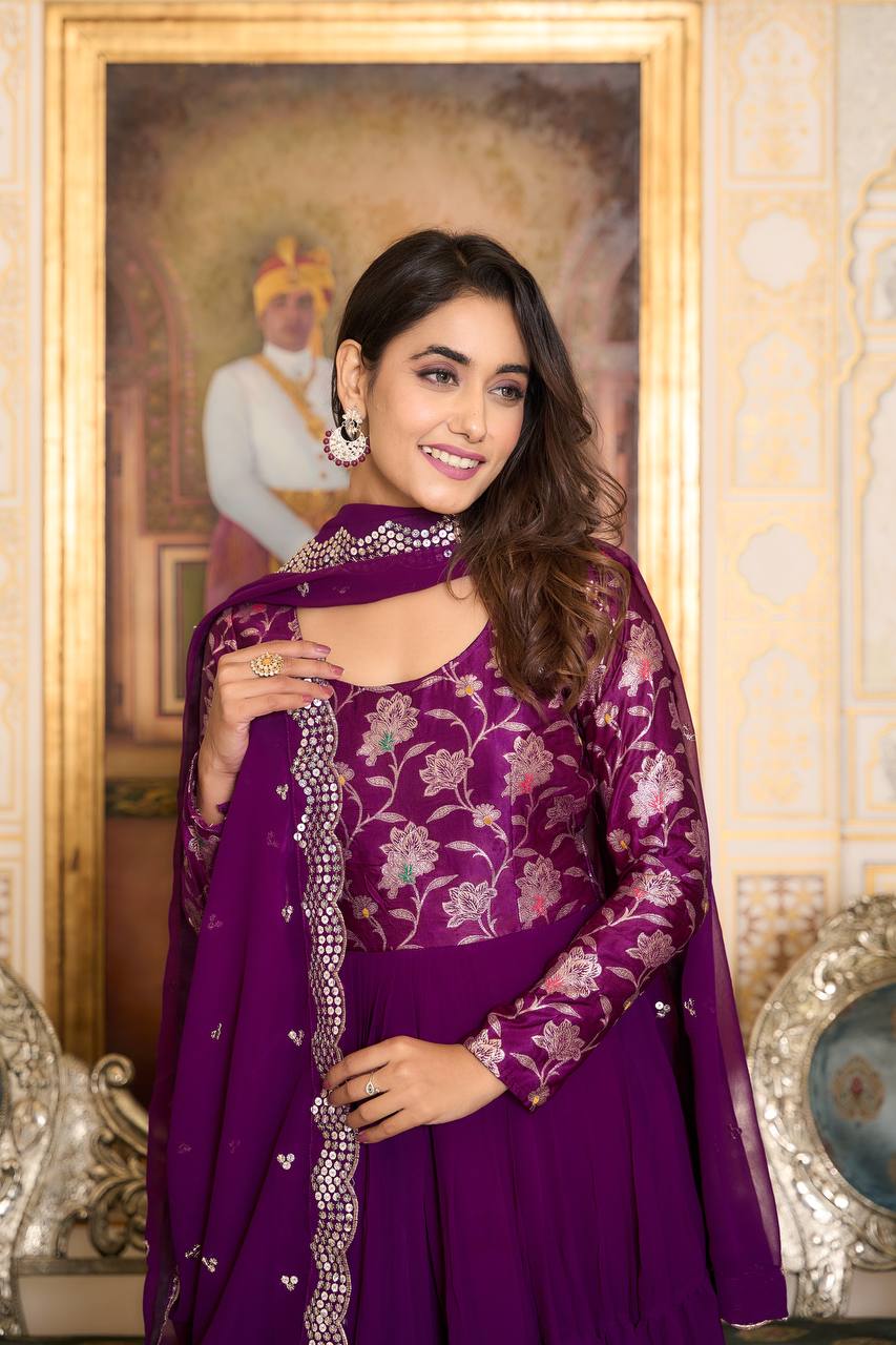 Elegant Faux Georgette Gown Pure Jacquard Work With Matching Dupatta