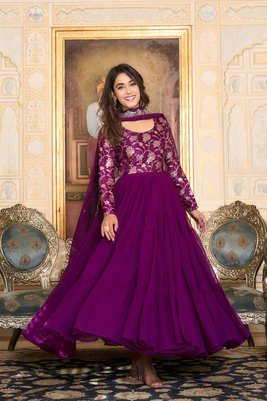 Elegant Faux Georgette Gown Pure Jacquard Work With Matching Dupatta