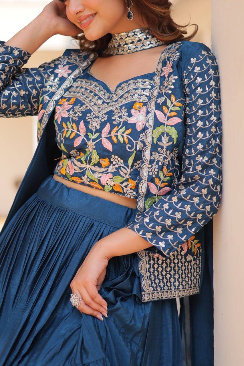 Pure Chinon Embroidered Lehenga Choli with Koti and Matching Dupatta