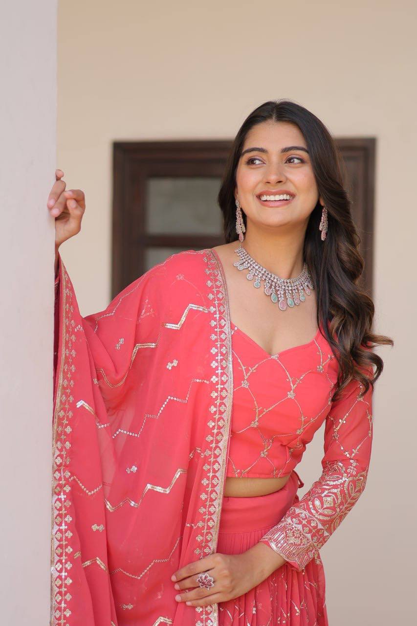 Alluring Faux Georgette Sequins Embroidered Lehenga Choli Set