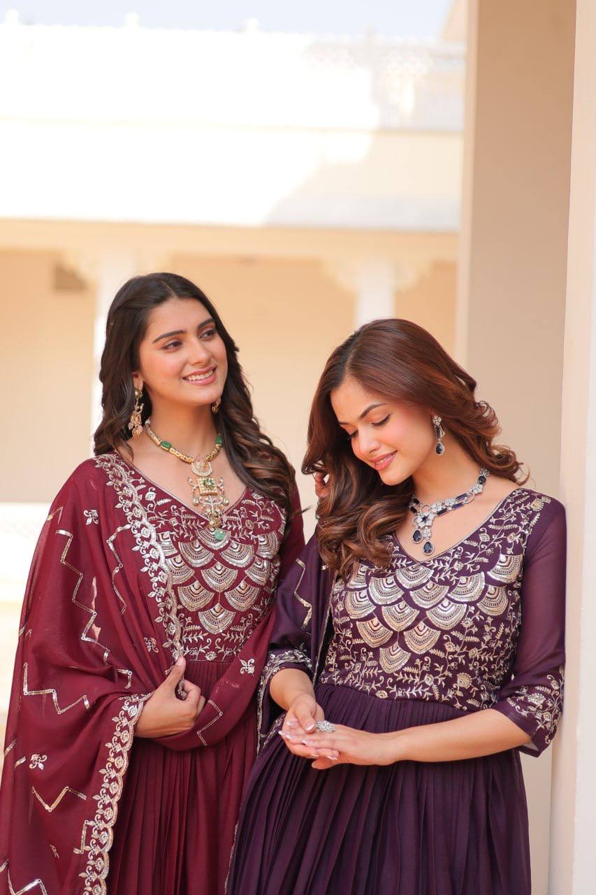 Spectacular Pure Star Georgette Heavy Embroidered Gown With Dupatta