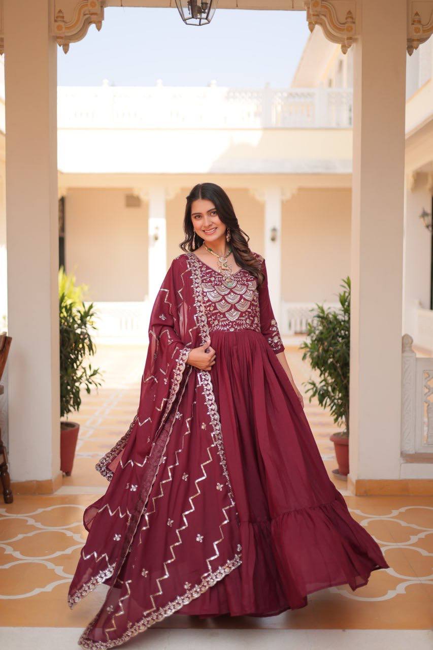 Spectacular Pure Star Georgette Heavy Embroidered Gown With Dupatta
