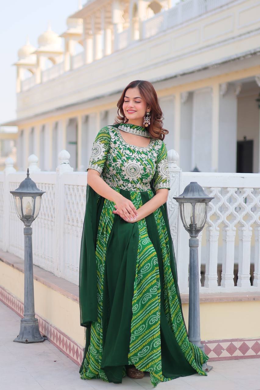 Pure Bandhej Faux Georgette Embroidered Gown Set With Dupatta