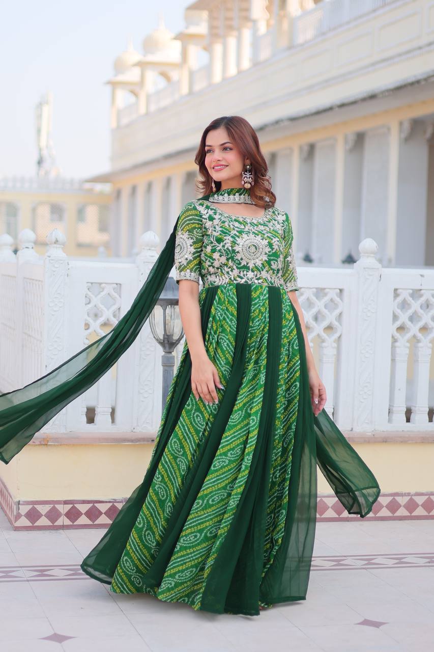 Pure Bandhej Faux Georgette Embroidered Gown Set With Dupatta
