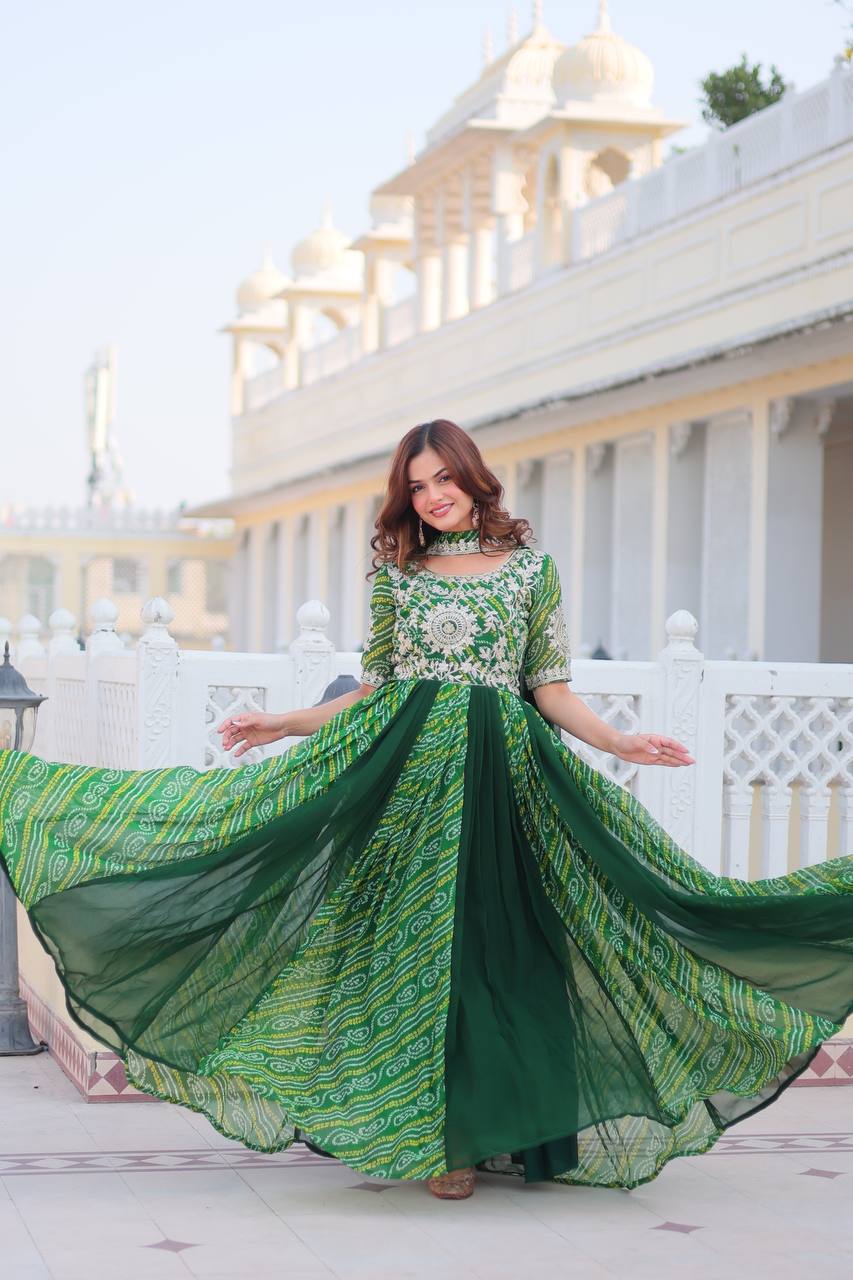 Pure Bandhej Faux Georgette Embroidered Gown Set With Dupatta