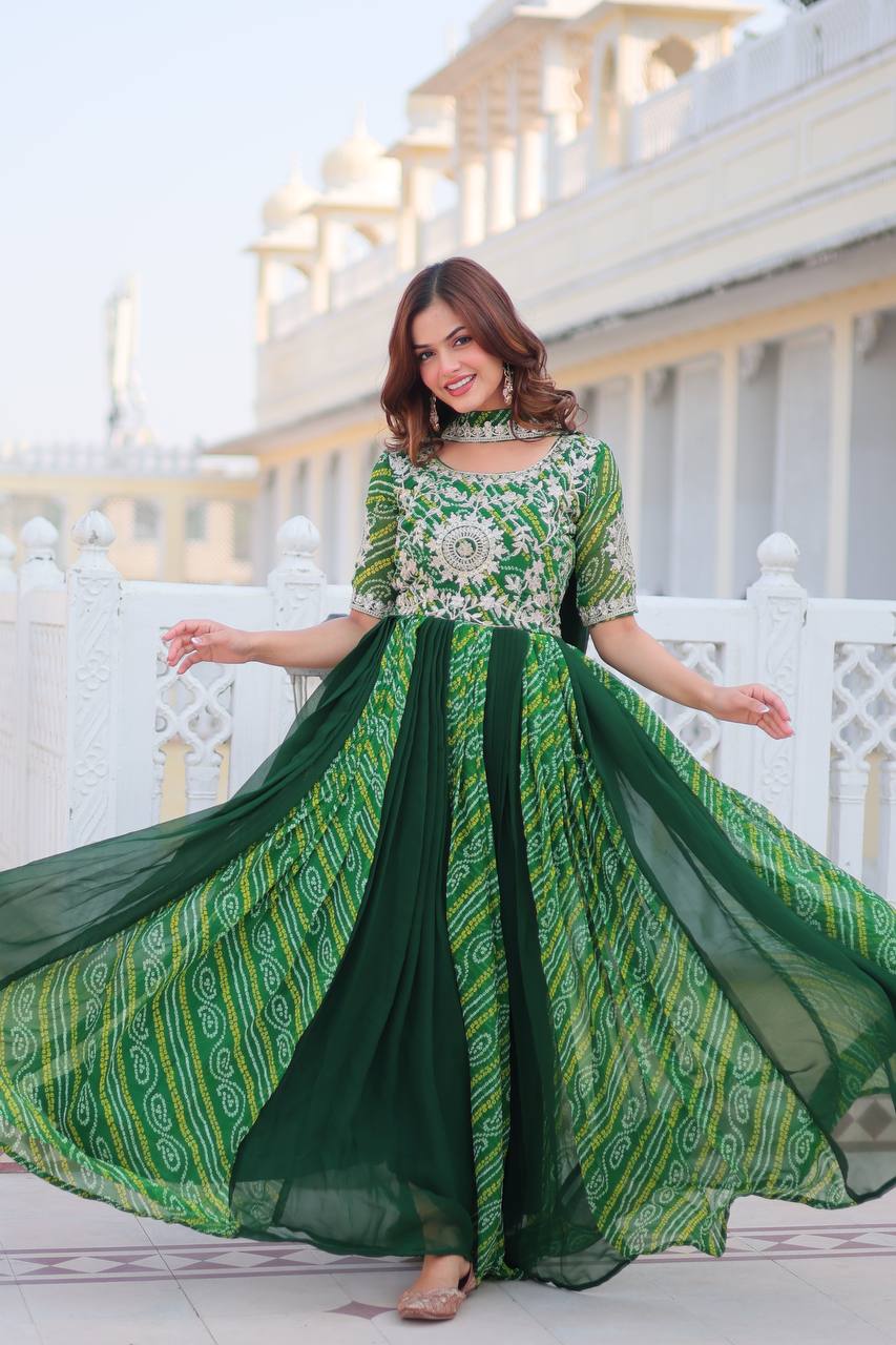 Pure Bandhej Faux Georgette Embroidered Gown Set With Dupatta