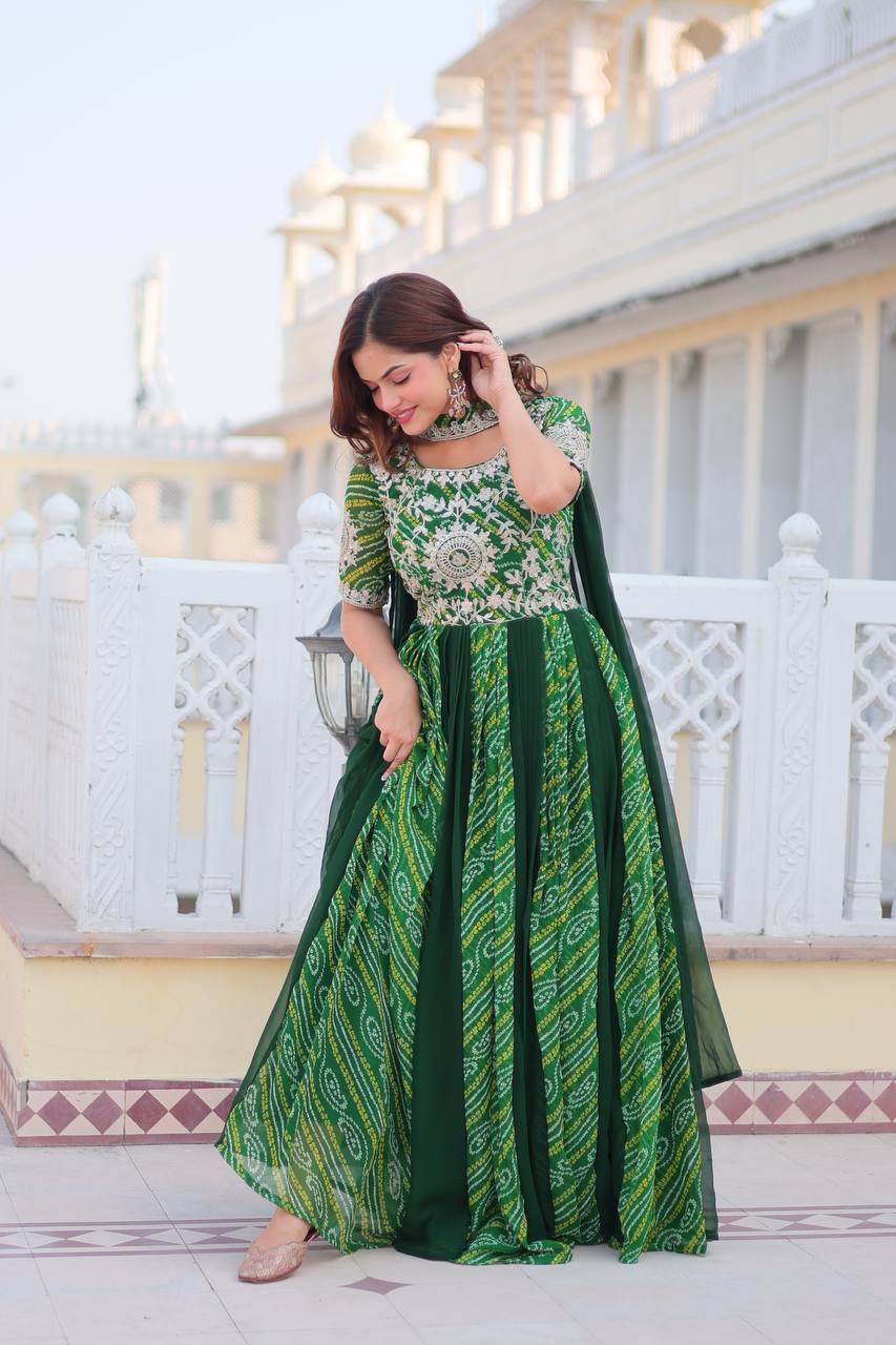 Pure Bandhej Faux Georgette Embroidered Gown Set With Dupatta