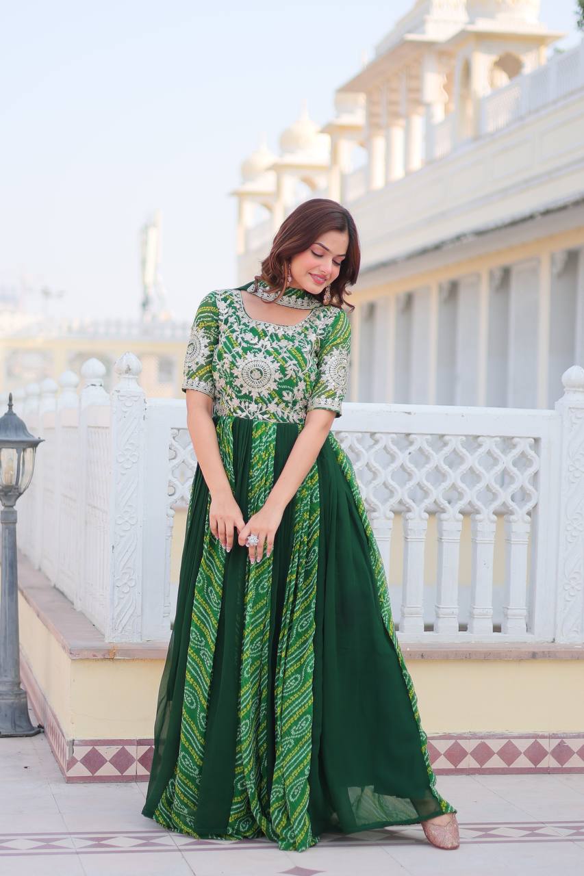 Pure Bandhej Faux Georgette Embroidered Gown Set With Dupatta