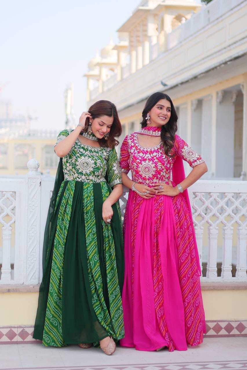 Pure Bandhej Faux Georgette Embroidered Gown Set With Dupatta