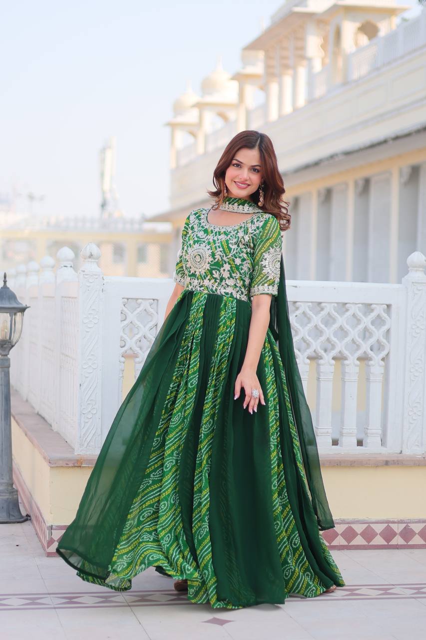 Pure Bandhej Faux Georgette Embroidered Gown Set With Dupatta