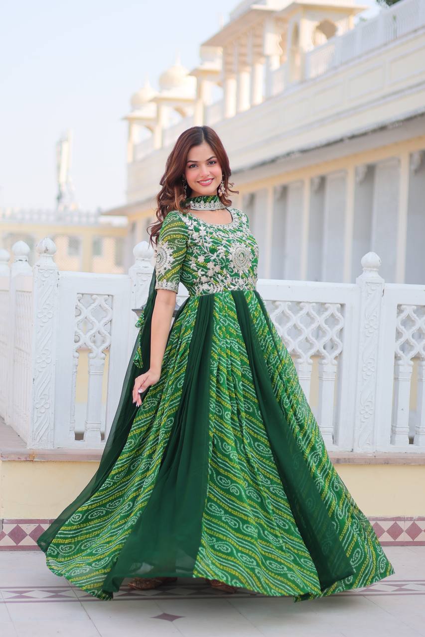 Pure Bandhej Faux Georgette Embroidered Gown Set With Dupatta