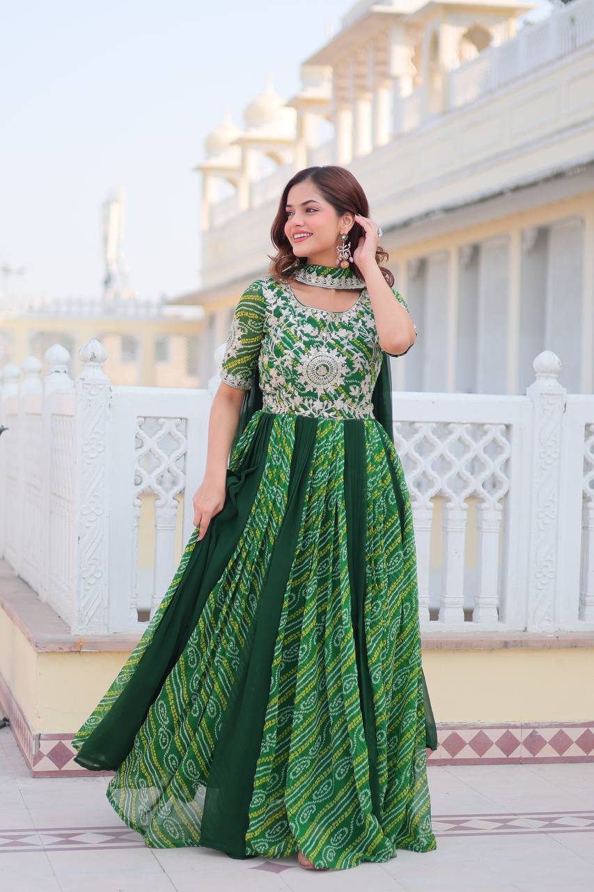 Pure Bandhej Faux Georgette Embroidered Gown Set With Dupatta