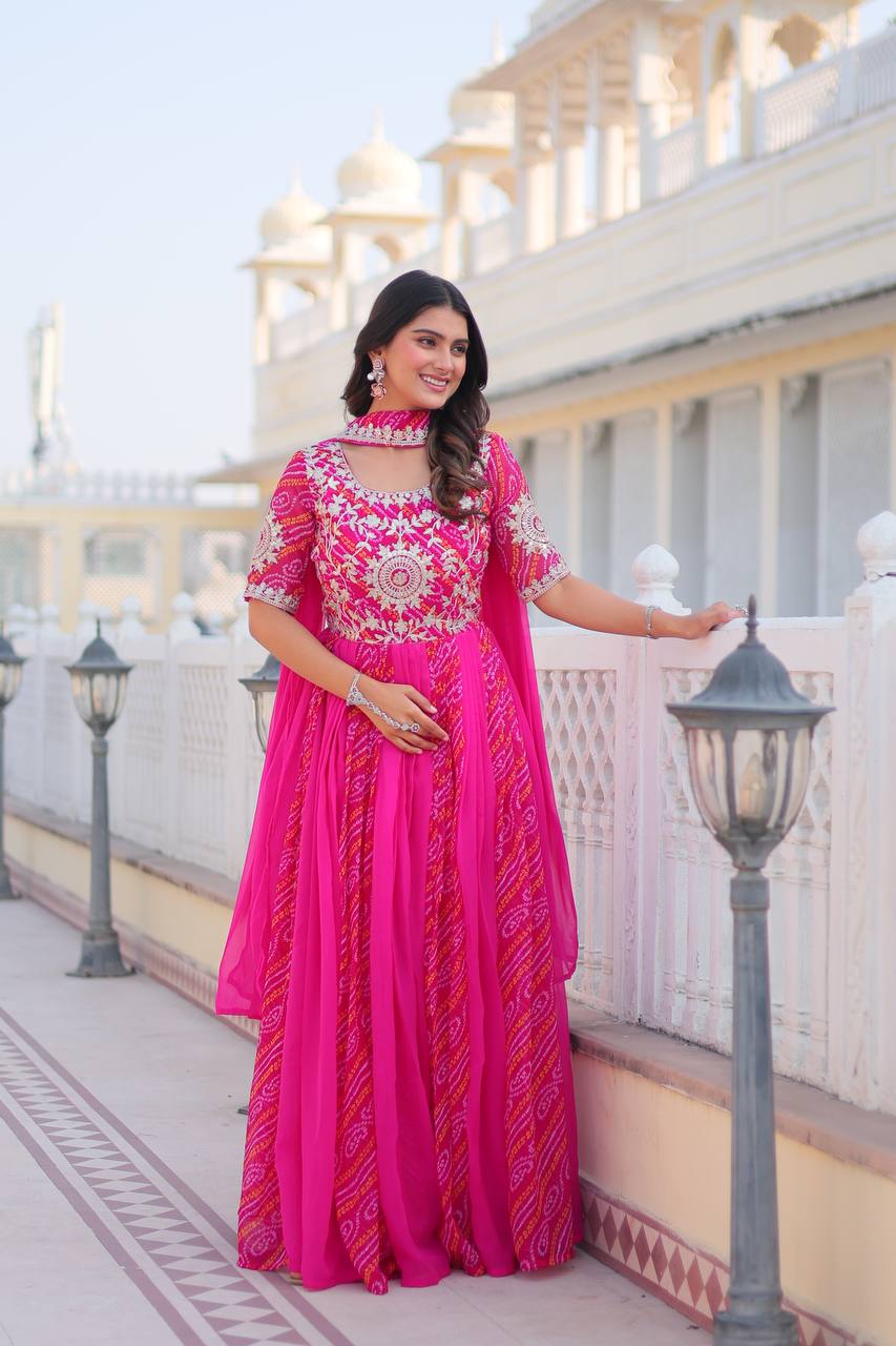 Pure Bandhej Faux Georgette Embroidered Gown Set With Dupatta