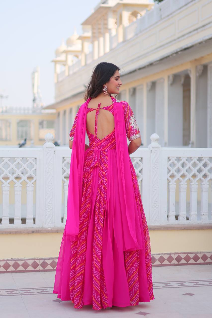 Pure Bandhej Faux Georgette Embroidered Gown Set With Dupatta
