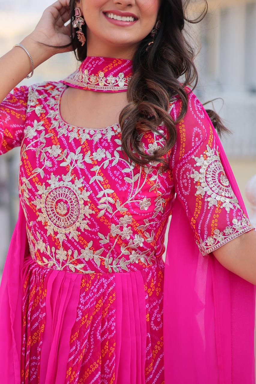 Pure Bandhej Faux Georgette Embroidered Gown Set With Dupatta