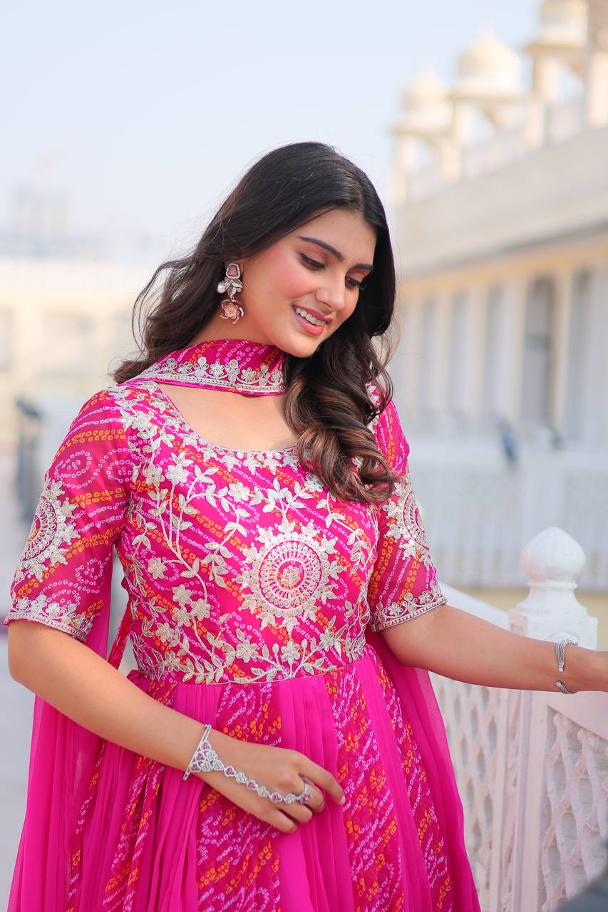 Pure Bandhej Faux Georgette Embroidered Gown Set With Dupatta