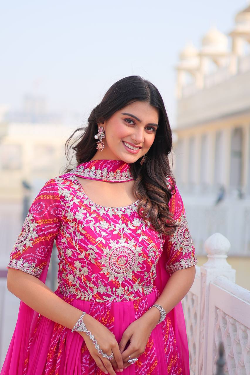 Pure Bandhej Faux Georgette Embroidered Gown Set With Dupatta