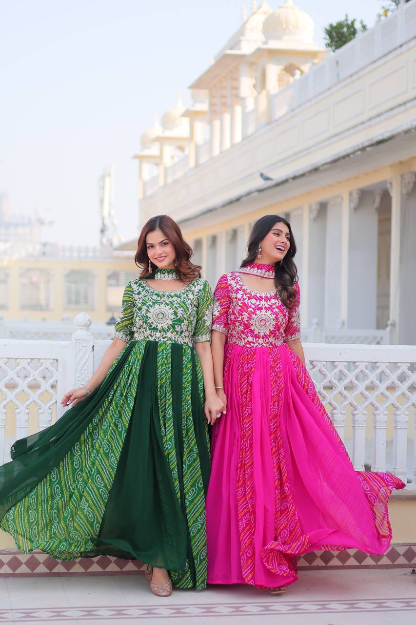 Pure Bandhej Faux Georgette Embroidered Gown Set With Dupatta