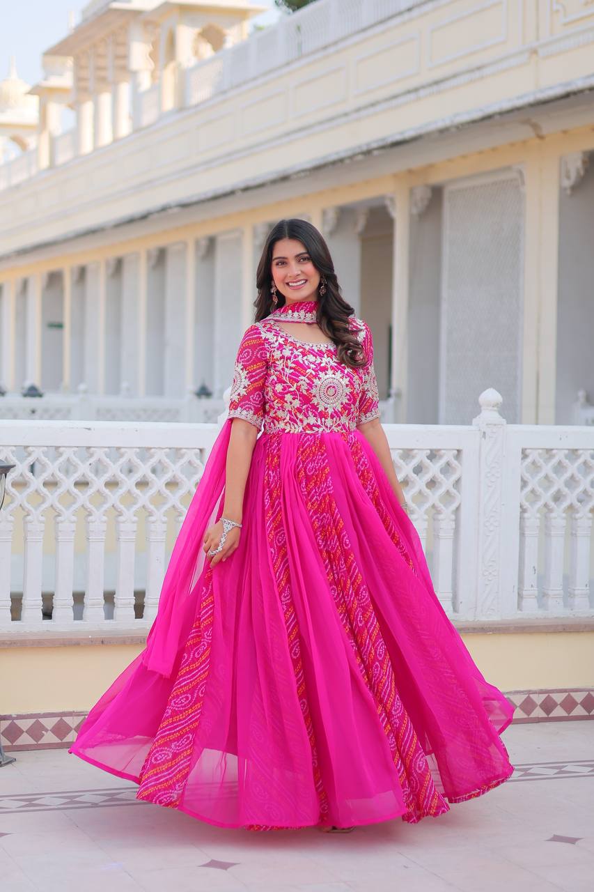 Pure Bandhej Faux Georgette Embroidered Gown Set With Dupatta
